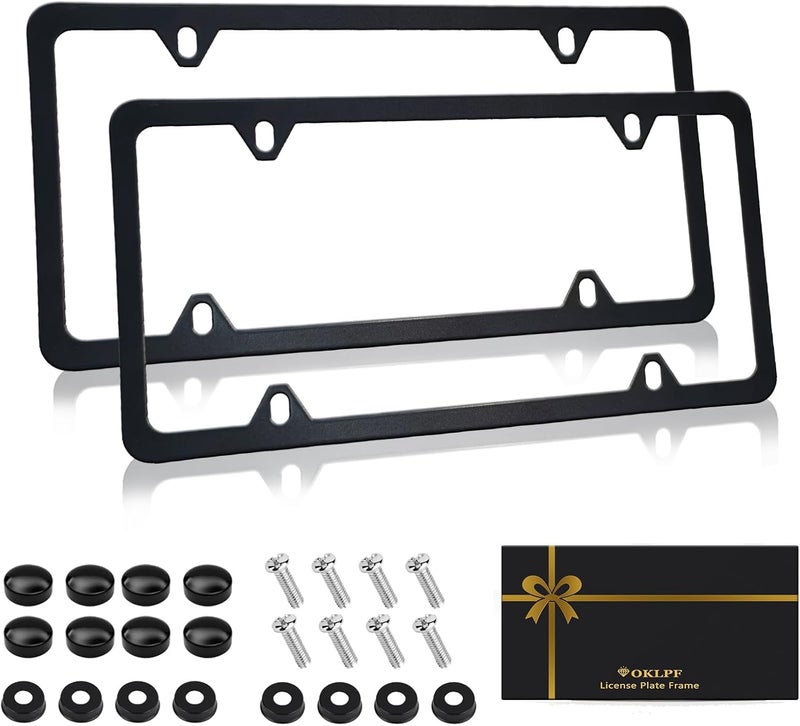 OKLPF Black Matte License Plate Frames 2 Pack,License Plate Holder with 4 Holes, License Plate Cover, Come with Screw Cap, Screw,Washer Advanced minimal build