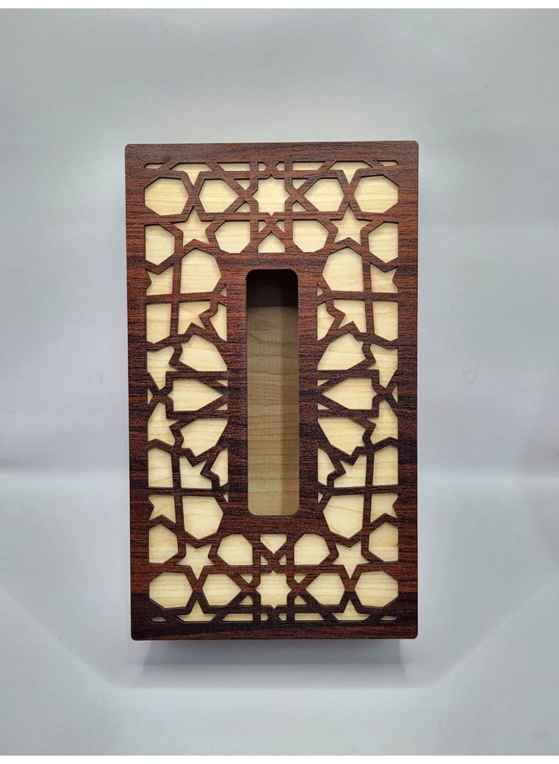 Kipfy Wooden Deep Brown Tissue Box Cover with Geometric Cutwork Design Facial Tissue Case Holder for Home Office Stylish Functional Design Sturdy Glass Wood Material for Bathroom, Living Room, Bedroom - Image 2