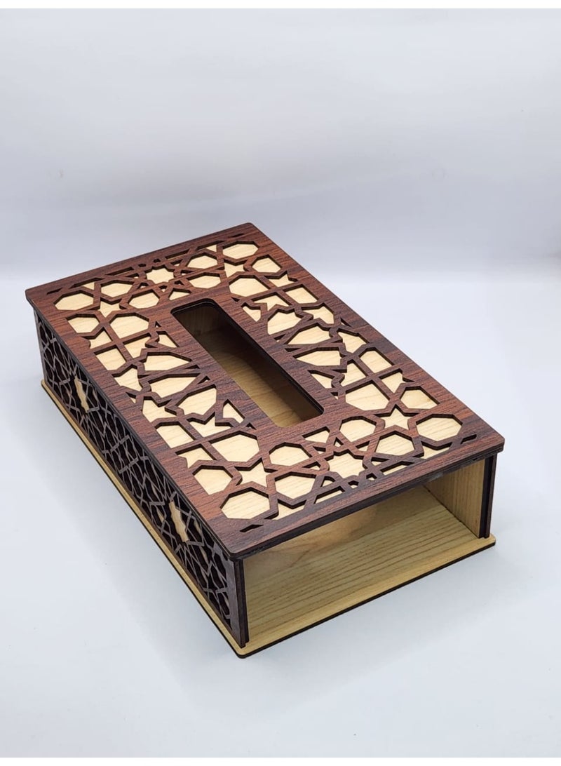Kipfy Wooden Deep Brown Tissue Box Cover with Geometric Cutwork Design Facial Tissue Case Holder for Home Office Stylish Functional Design Sturdy Glass Wood Material for Bathroom, Living Room, Bedroom - Image 3