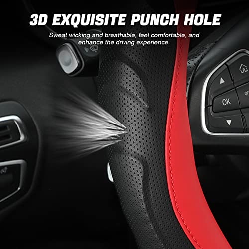 LoyaForba Leather Steering Wheel Cover, Auto Car Stretch Steering Wheel Protector, Universal 15 Inch Anti-Slip Breathable Odorless Steering Wheel Cover for Men Women (Black/Red) - Image 3