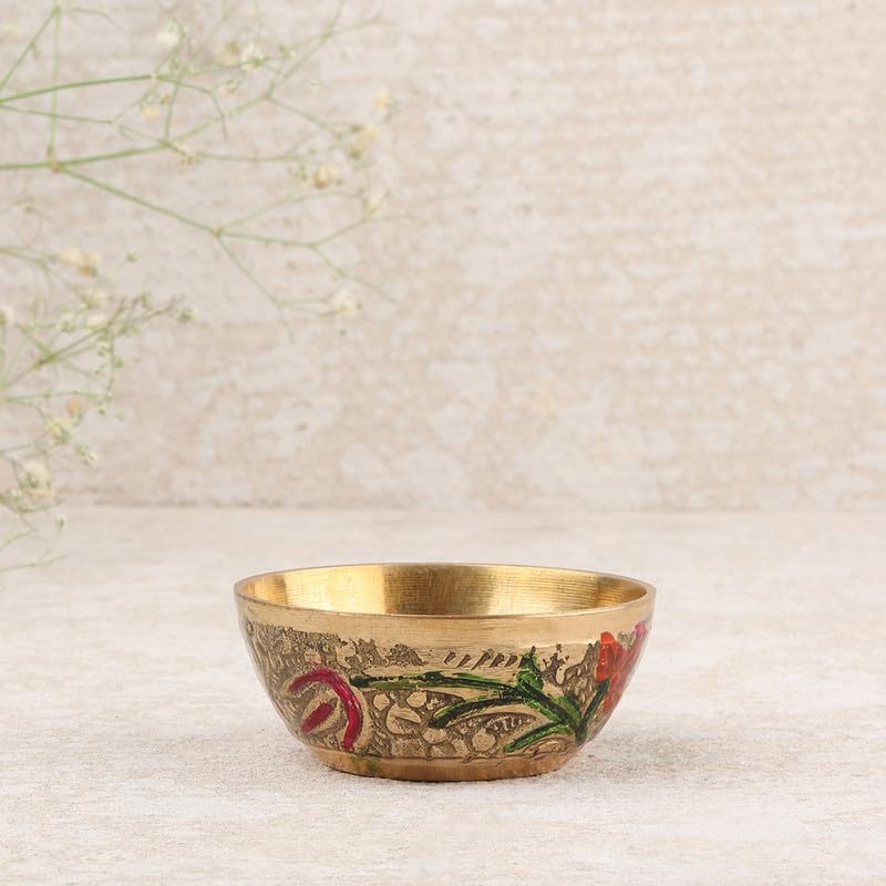 TORPPEZA Indian Pure Brass Designer Bowl/katori for Pooja/Brass Golden katori for Store haldi, kumkum, akshat, Prashad, for puja/Bowl for Decorate puja thali aarti thali (2.5cm | Pack 02) - Image 1