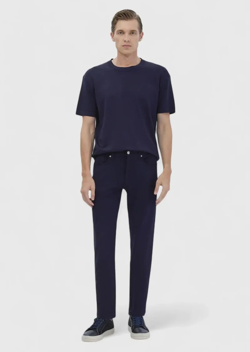 RAMSEY Navy Blue Knitting Slim Fit Casual Trousers