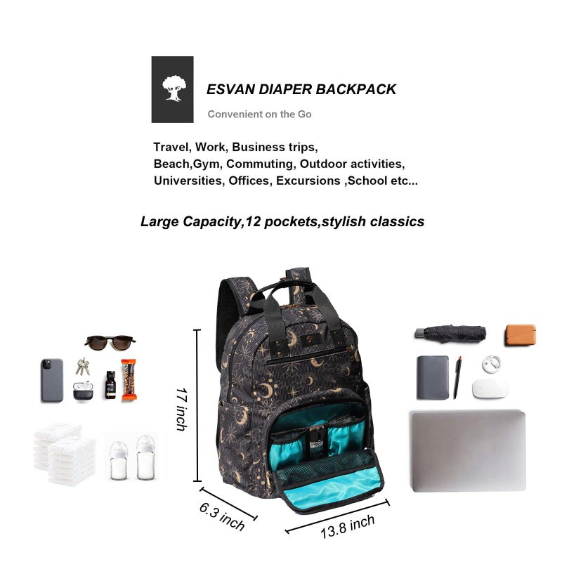 ESVAN Diaper Bag Backpack, Large Capacity Multifunction Baby Essentials Fashion Travel Pack Linen Canvas office Laptop Bag (Corduroy Black Moon) - Image 3
