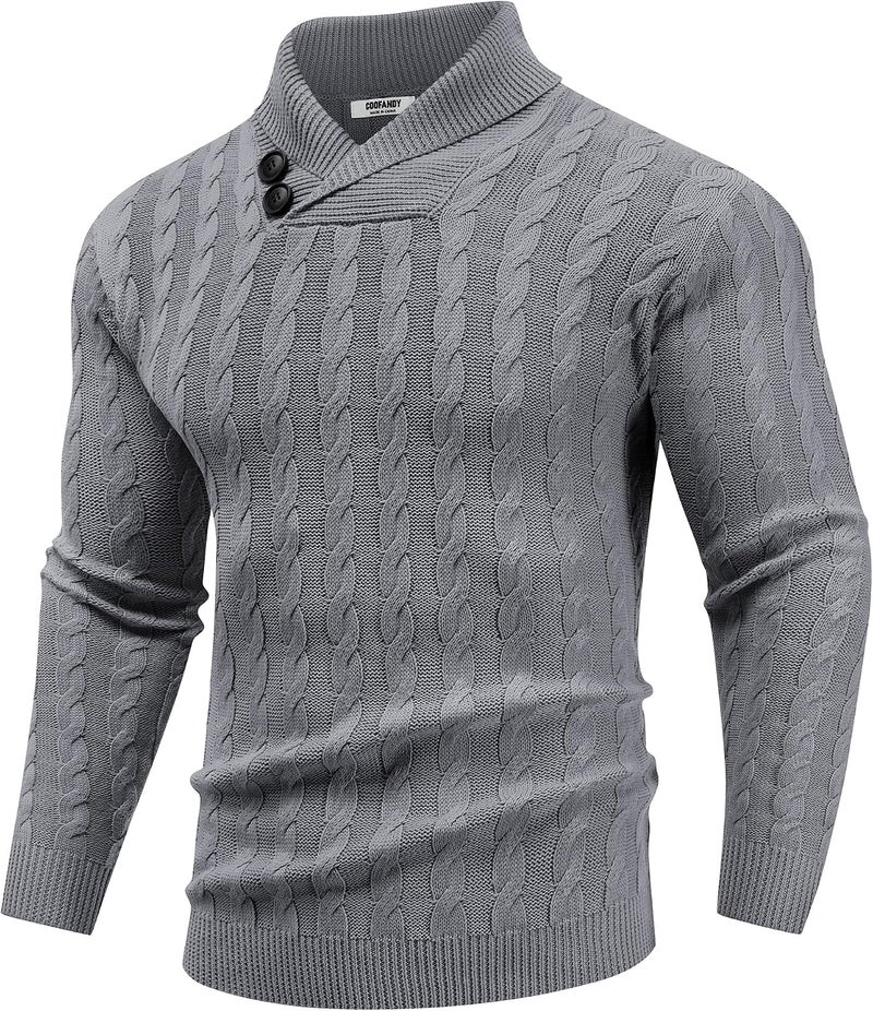 COOFANDY Men's Shawl Collar Pullover Sweater Slim Fit Casual Button Cable Knit Sweater, Grey, XXL - Image 1