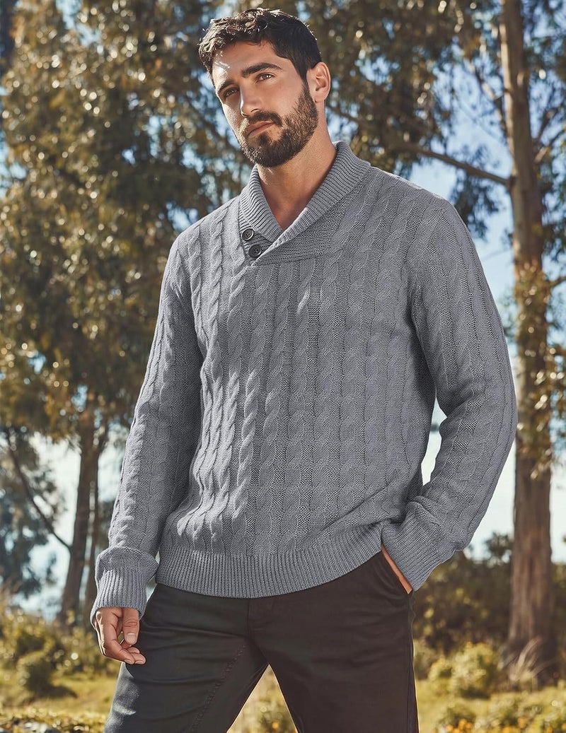 COOFANDY Men's Shawl Collar Pullover Sweater Slim Fit Casual Button Cable Knit Sweater, Grey, XXL - Image 2