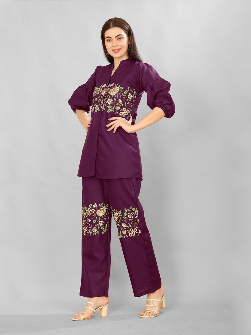 Lilots Women's Stylish Slub Cotton Embroidered Worked Co-Ord Set | Casual 2 Piece Top Bottom Set Wine - Image 4