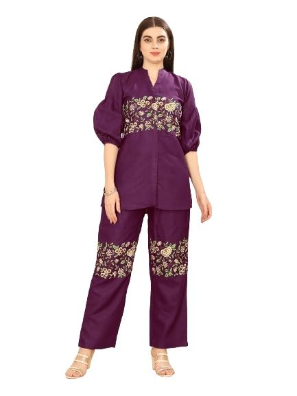 Lilots Women's Stylish Slub Cotton Embroidered Worked Co-Ord Set | Casual 2 Piece Top Bottom Set Wine - Image 1