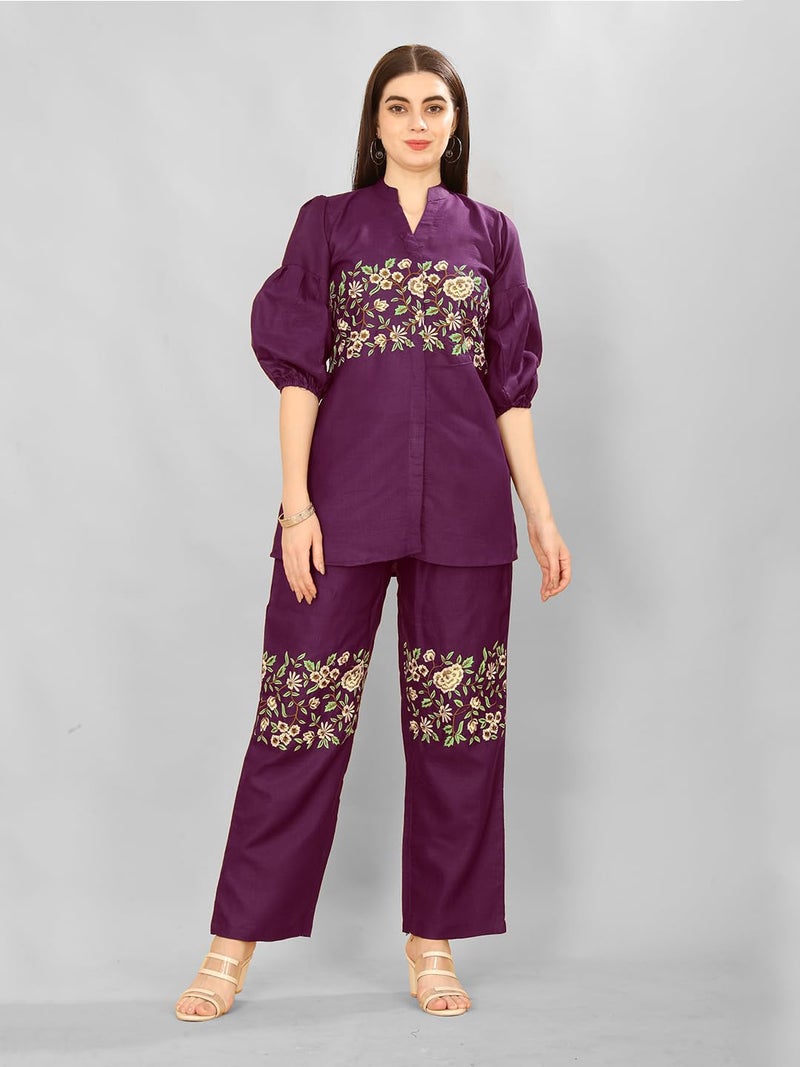 Lilots Women's Stylish Slub Cotton Embroidered Worked Co-Ord Set | Casual 2 Piece Top Bottom Set Wine - Image 2