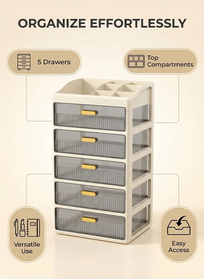 MLADEN صندوق تخزين سطح مكتب بلاستيكي من 5 طبقات مع درج منظم مكتب متعدد الوظائف خزانة تخزين أدوات مكتبية مكتبية، صندوق تخزين منظم مستحضرات التجميل أدراج تخزين قابلة للتكديس، صندوق تخزين سطح مكتب للمنزل، 27x20x47 سم - Image 3