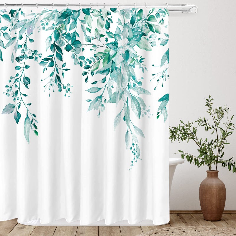 Tititex Teal Eucalyptus Shower Curtain Sets  Watercolor Turquoise Leaves on The Top Plant with Floral Bathroom Decoration 72x84 Inch with Hooks