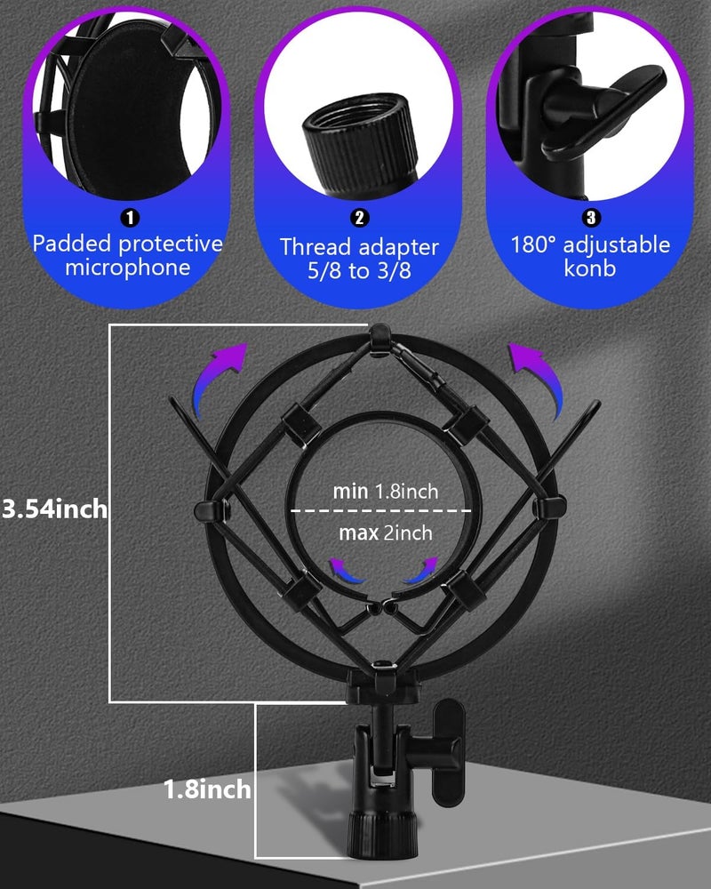 boseen Universal Microphone Shock Mount, Mic Clip Holder for Diameter 47mm-53mm Mic Anti Vibration Adjustable High Isolation Shock Mount - Image 2