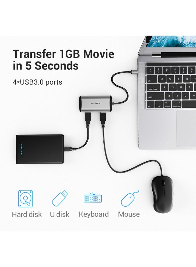 VENTION Type-C to USB3.0*4/Micro USB Hub 0.15m Gray Metal Type Model # TGCHB - Image 4