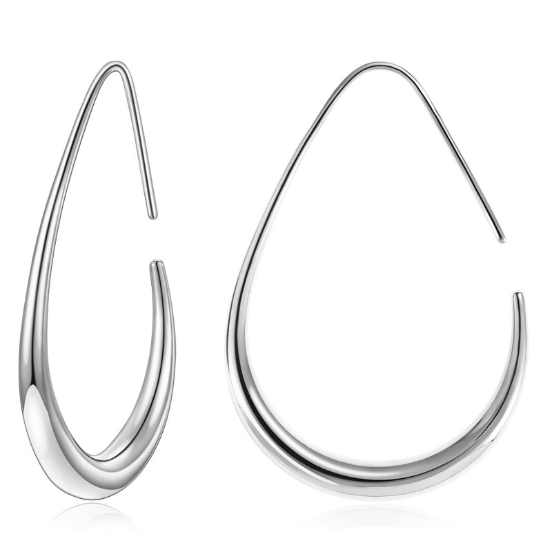 Gacimy Silvertone Teardrop Hoop Earrings for Women, 14K White Gold Plated Oval Pull Through Hoop Earrings for Women 40mm - Image 1