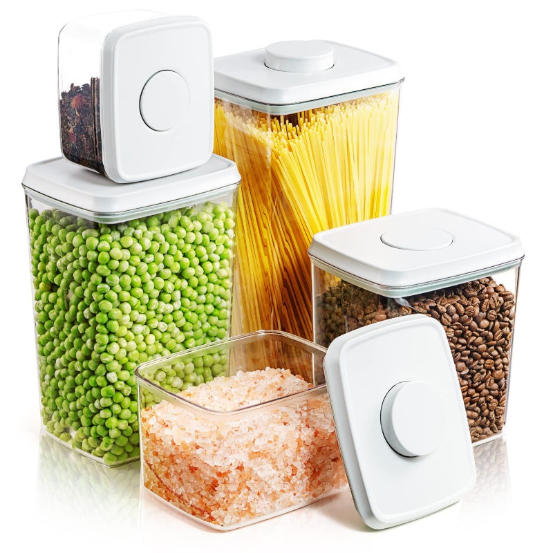 Tourdeus Pop Up Lid Food Storage Containers  Clear Storage Containers For Pantry Airtight Kitchen Containers Storage Set - 5 Pack For Cereal  Flour And Sugar  3.5Qt  2.9Qt  2.1Qt  1.3Qt  0.6Qt - Image 1