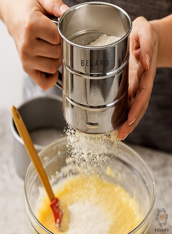 BELARO Stainless Steel Flour Sifter Manual Food Strainer Atta chhani Baking Hand Press Design Flour Sieve Cup Atta Chalni Baking Tool Sieve Strainer with Handle for Sugar Flour & Coffee Powder - Image 2