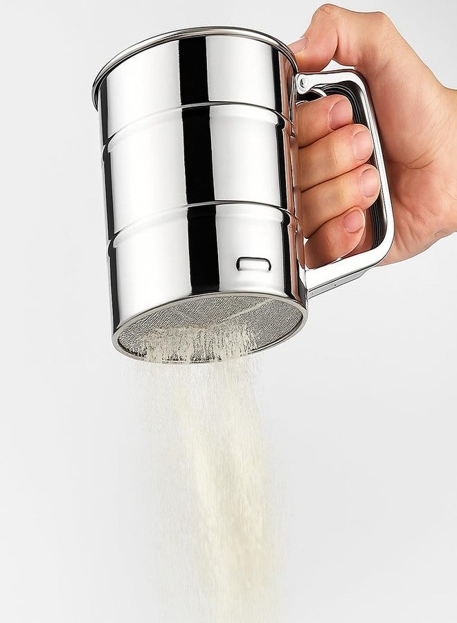 BELARO Stainless Steel Flour Sifter Manual Food Strainer Atta chhani Baking Hand Press Design Flour Sieve Cup Atta Chalni Baking Tool Sieve Strainer with Handle for Sugar Flour & Coffee Powder - Image 1