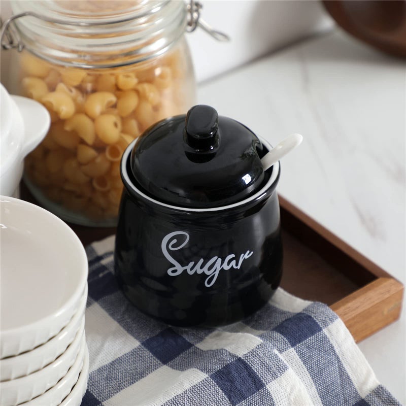 HAOTOP Farmhouse Porcelain Sugar Bowl with Lid and Spoon 12oz,Easy to Clean (Black) - Image 4