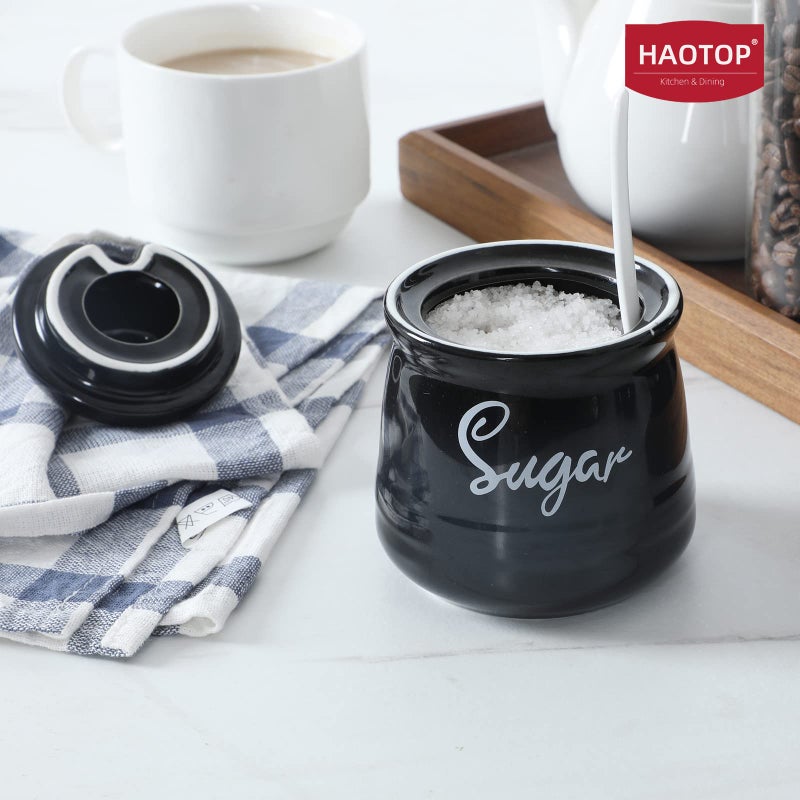 HAOTOP Farmhouse Porcelain Sugar Bowl with Lid and Spoon 12oz,Easy to Clean (Black) - Image 2