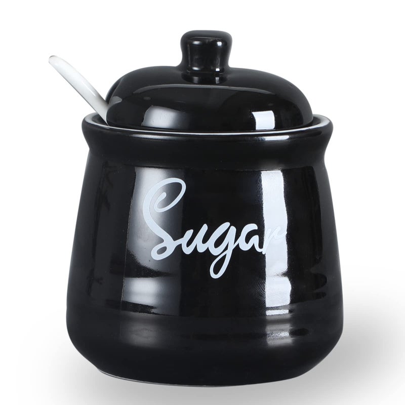 HAOTOP Farmhouse Porcelain Sugar Bowl with Lid and Spoon 12oz,Easy to Clean (Black) - Image 1