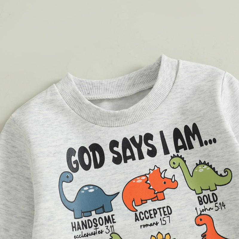 Fernvia Toddler Boy Fall Winter Clothes God Says I Am Long Sleeve Pullover Sweatshirts + Solid Joggers Pants Outfits Set (A Dinosaur Green, 18-24 Months) - Image 4