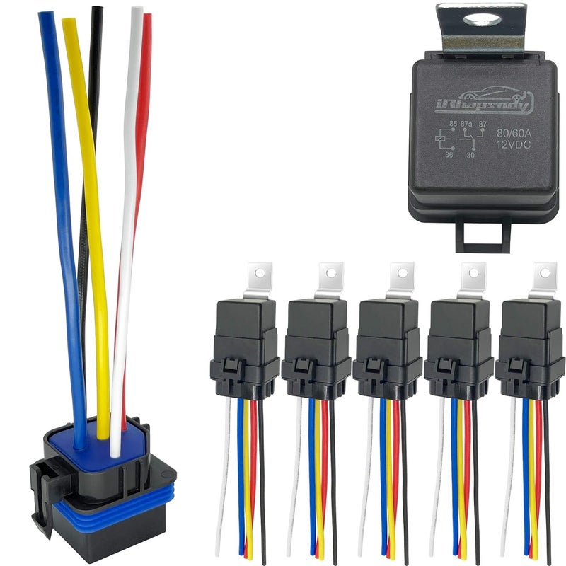 IRHAPSODY 5 Pack 80/60 AMP Waterproof Relay and Harness - Heavy Duty 12 AWG Wires, 12 V DC 5-PIN SPDT Bosch Style Automotive Relay - Image 1