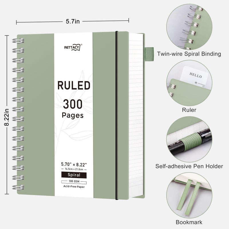 RETTACY Spiral College Ruled Notebook, 300 Pages, A5 Medium Size (5.7" Ã— 8.2"), for School, Work, Writing, Journaling, 100 GSM Thick Paper, Flexible Plastic Cover (Light Green) - Image 2
