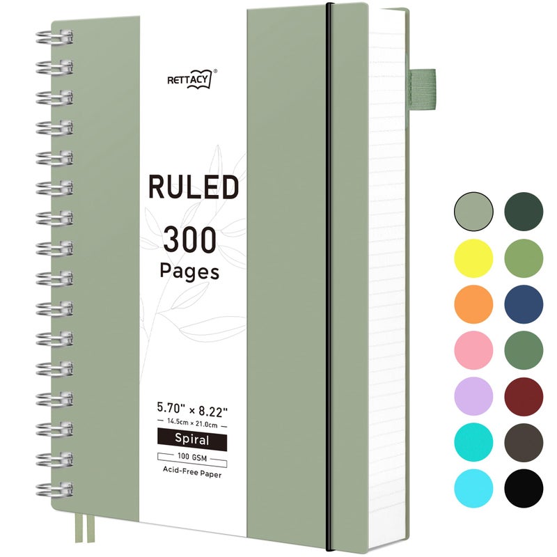 RETTACY Spiral College Ruled Notebook, 300 Pages, A5 Medium Size (5.7" Ã— 8.2"), for School, Work, Writing, Journaling, 100 GSM Thick Paper, Flexible Plastic Cover (Light Green) - Image 1