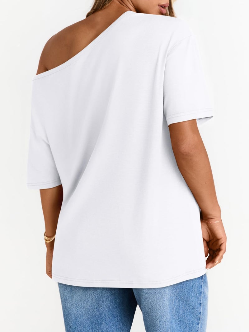 LILLUSORY Off The Shoulder Tops Oversized Tshirts Short Sleeve Basic Tee 2026 Casual Trendy Cute Asymmetrical Summer Fashion Clothes White L - Image 5