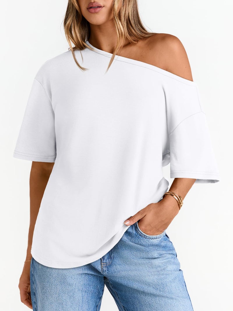 LILLUSORY Off The Shoulder Tops Oversized Tshirts Short Sleeve Basic Tee 2026 Casual Trendy Cute Asymmetrical Summer Fashion Clothes White L - Image 4
