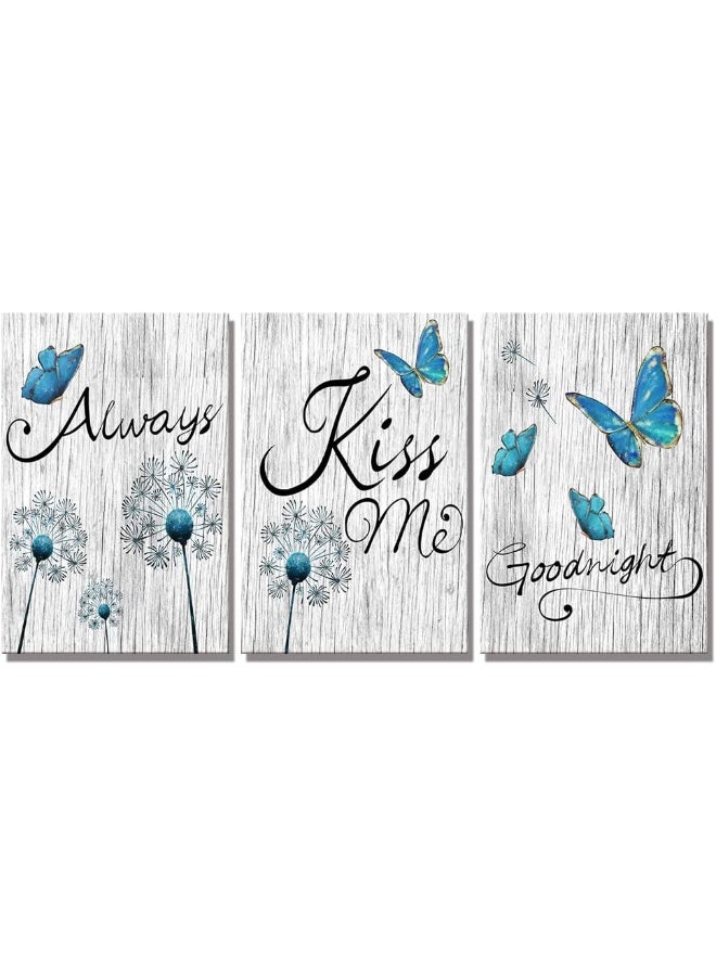 Kalormore Bedroom Picture Decoration Turquoise Blue Butterfly and Dandelion with Elegant Always Kiss Me Goodnight Painting Rustic Grey Wooden Textured Giclee Canvas Wall Art Decor Ready to Hang - Image 1