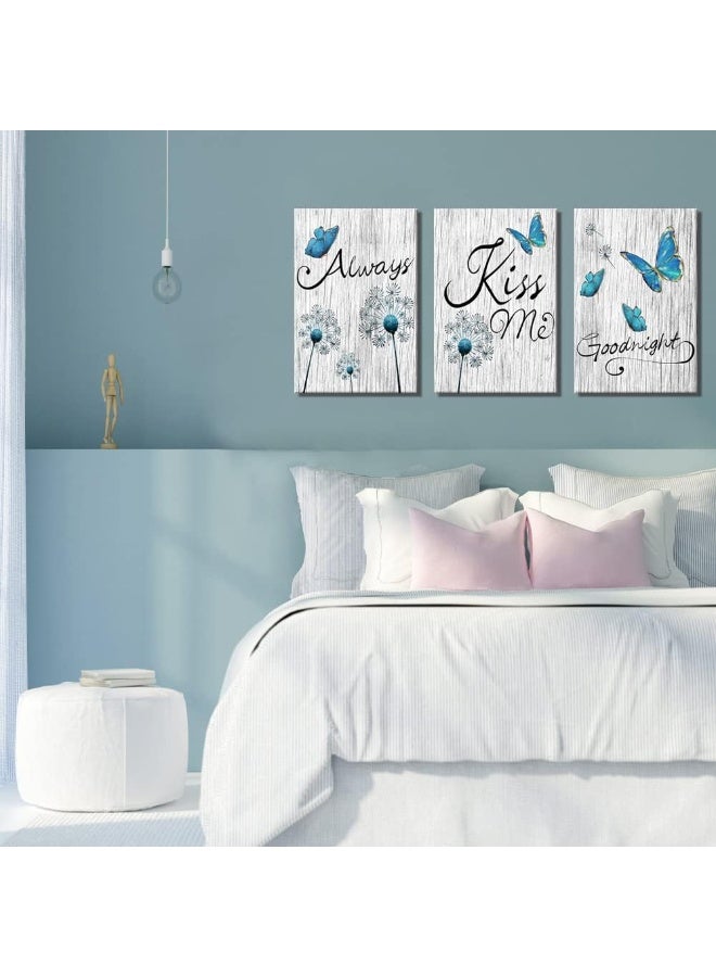 Kalormore Bedroom Picture Decoration Turquoise Blue Butterfly and Dandelion with Elegant Always Kiss Me Goodnight Painting Rustic Grey Wooden Textured Giclee Canvas Wall Art Decor Ready to Hang - Image 4