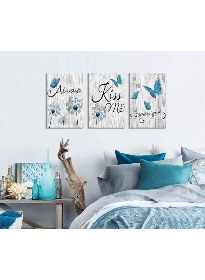 Kalormore Bedroom Picture Decoration Turquoise Blue Butterfly and Dandelion with Elegant Always Kiss Me Goodnight Painting Rustic Grey Wooden Textured Giclee Canvas Wall Art Decor Ready to Hang - Image 2