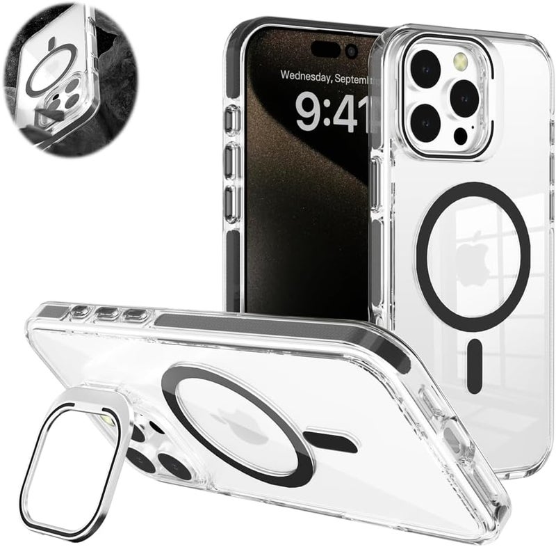 Clear Case for iPhone 16 Pro, Compatible for MagSafe, Magnetic Metal Lens Frame Stand, Kickstand Shockproof Rugged Cover (Black) - Image 1