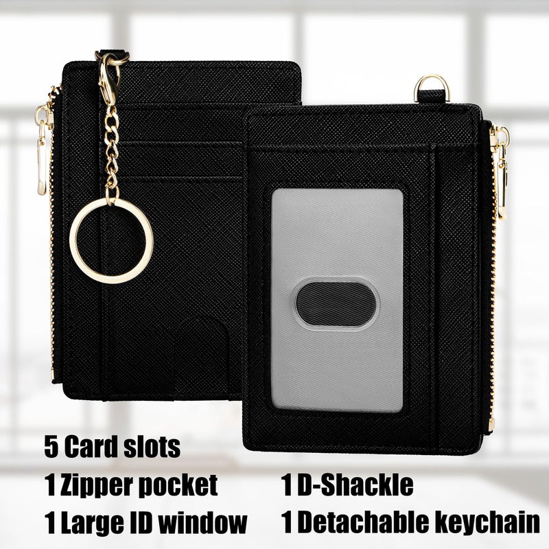 Suweibuke Slim Pocket Wallet, RFID Blocking Credit Card Holder Wallet with D-Shackle ID Window and Detachable keychain for Women (A-Black) - Image 2