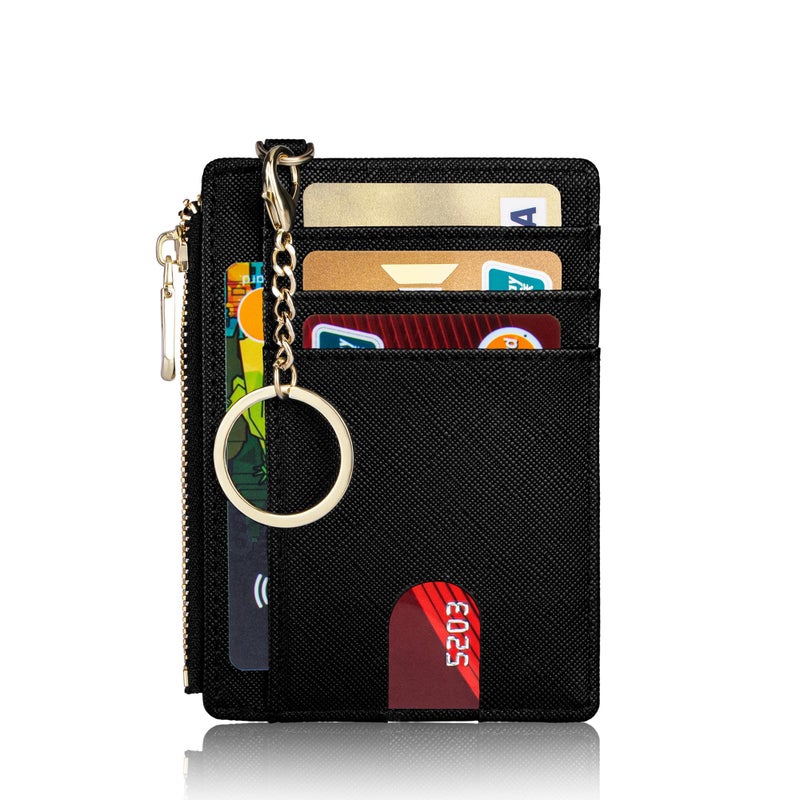 Suweibuke Slim Pocket Wallet, RFID Blocking Credit Card Holder Wallet with D-Shackle ID Window and Detachable keychain for Women (A-Black) - Image 1