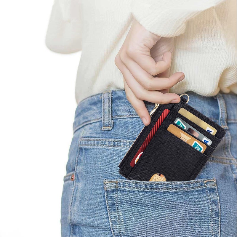 Suweibuke Slim Pocket Wallet, RFID Blocking Credit Card Holder Wallet with D-Shackle ID Window and Detachable keychain for Women (A-Black) - Image 4