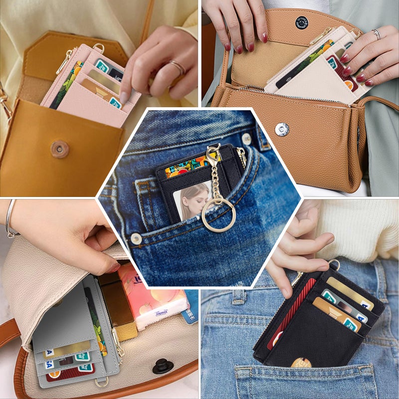 Suweibuke Slim Pocket Wallet, RFID Blocking Credit Card Holder Wallet with D-Shackle ID Window and Detachable keychain for Women (A-Black) - Image 5