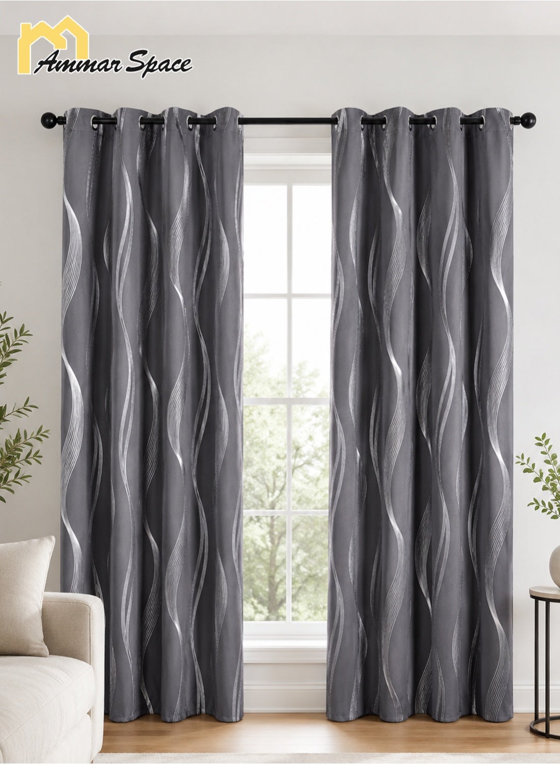 Ammar Space Silver Grey Blackout Curtain, 1 Panel, Silver Wave Pattern Thermal Insulated Room Darkening Grommet Curtain for Bedroom Living Room, W132 x L213 cm