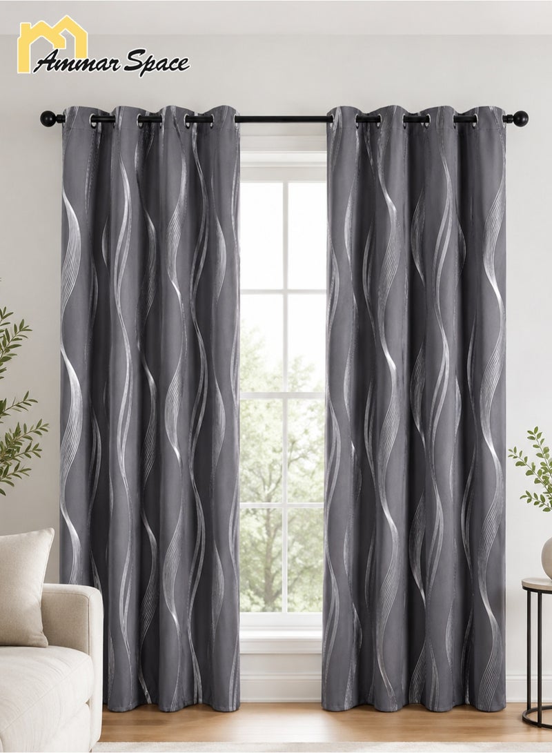 Ammar Space Silver Grey Blackout Curtain, 1 Panel, Silver Wave Pattern Thermal Insulated Room Darkening Grommet Curtain for Bedroom Living Room, W132 x L213 cm - Image 1