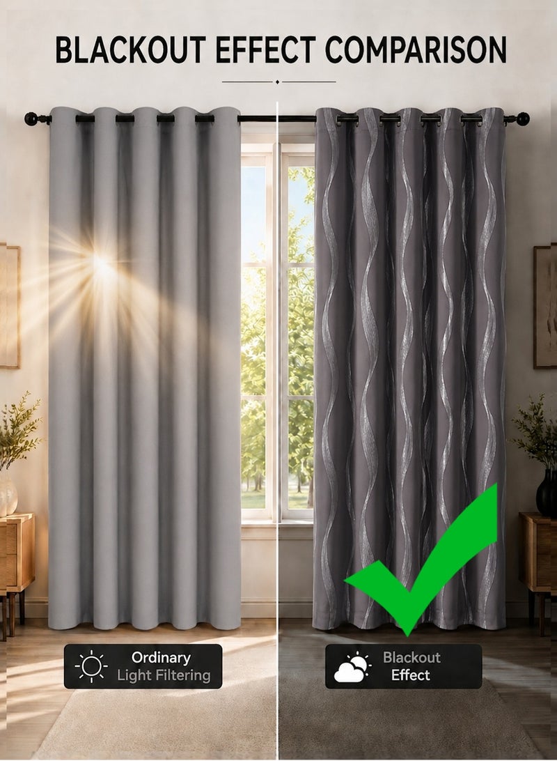 Ammar Space Silver Grey Blackout Curtain, 1 Panel, Silver Wave Pattern Thermal Insulated Room Darkening Grommet Curtain for Bedroom Living Room, W132 x L213 cm - Image 4