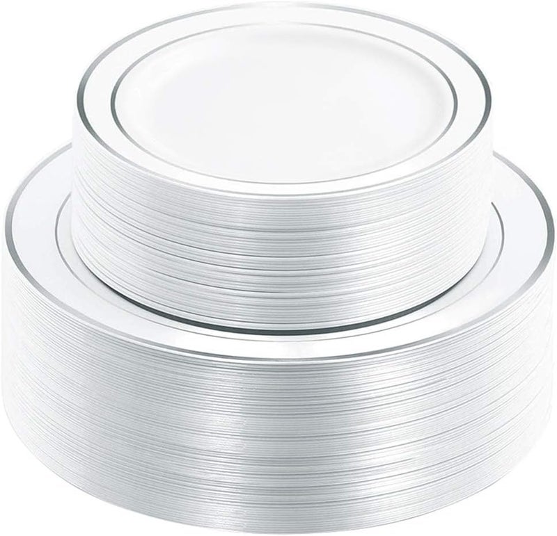 WDF 120PCS Plastic Plates White Silver Rim - Disposable Plates including 60PCS for Dinner 10.25inch, 60 Salad/Dessert Plates 7.5inch Heavy Duty Wedding Party Birthday - Image 1