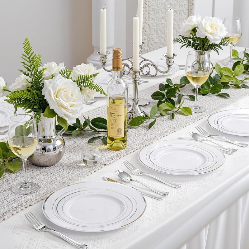 WDF 120PCS Plastic Plates White Silver Rim - Disposable Plates including 60PCS for Dinner 10.25inch, 60 Salad/Dessert Plates 7.5inch Heavy Duty Wedding Party Birthday - Image 3