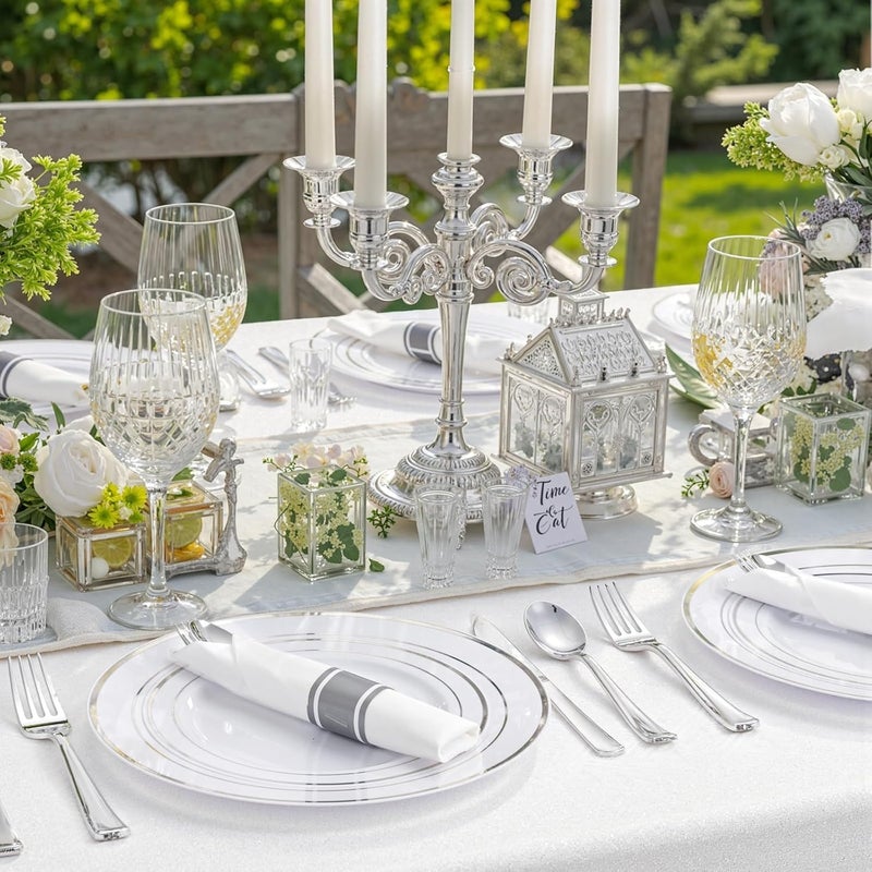 WDF 120PCS Plastic Plates White Silver Rim - Disposable Plates including 60PCS for Dinner 10.25inch, 60 Salad/Dessert Plates 7.5inch Heavy Duty Wedding Party Birthday - Image 2