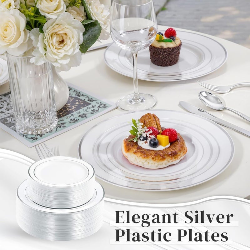WDF 120PCS Plastic Plates White Silver Rim - Disposable Plates including 60PCS for Dinner 10.25inch, 60 Salad/Dessert Plates 7.5inch Heavy Duty Wedding Party Birthday - Image 5