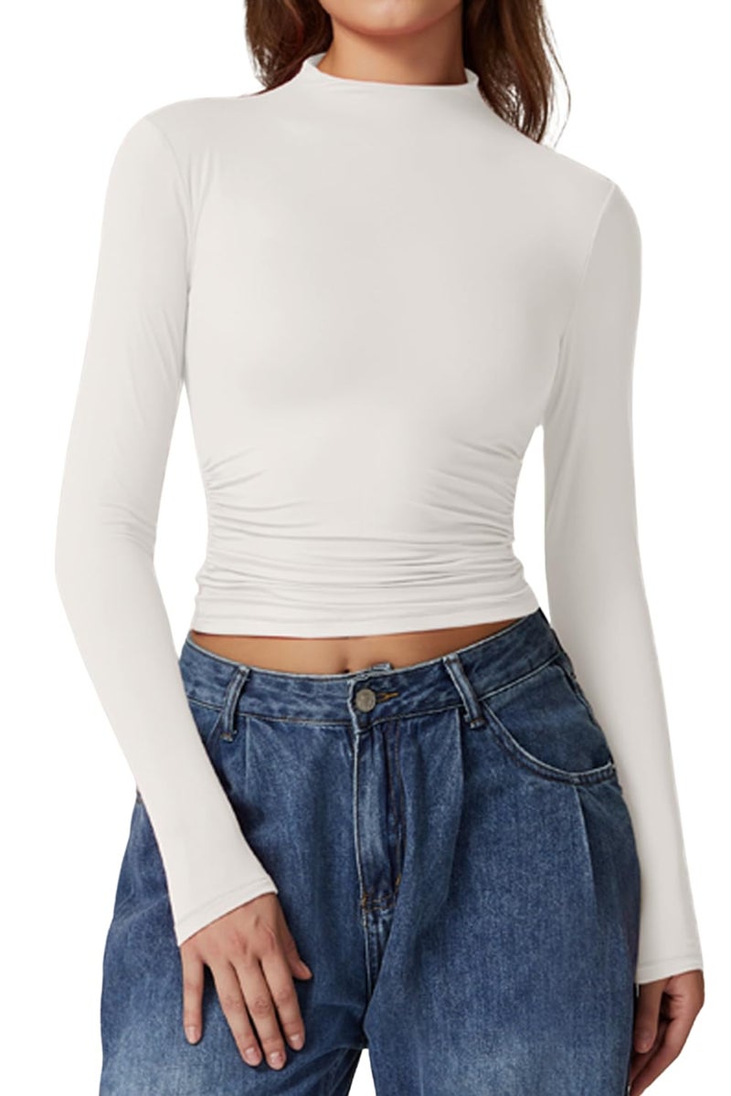 QINSEN Womens 2024 Soft Stretch Tee Shirts Long Sleeve Mock Neck Crop Top for Fall Winter White M - Image 1
