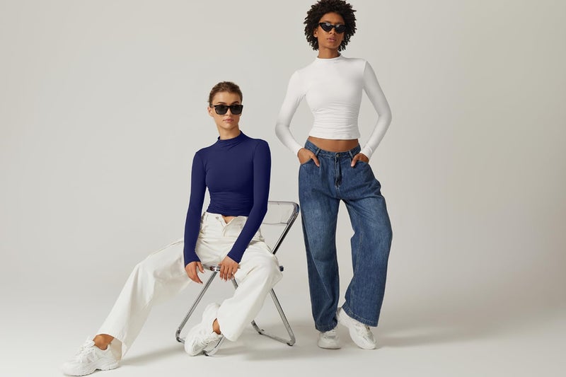 QINSEN Womens 2024 Soft Stretch Tee Shirts Long Sleeve Mock Neck Crop Top for Fall Winter White M - Image 5