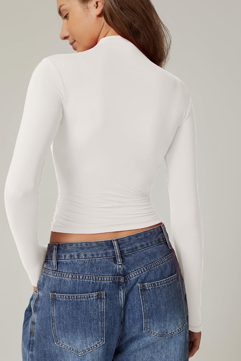 QINSEN Womens 2024 Soft Stretch Tee Shirts Long Sleeve Mock Neck Crop Top for Fall Winter White M - Image 3