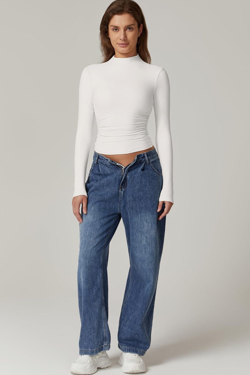 QINSEN Womens 2024 Soft Stretch Tee Shirts Long Sleeve Mock Neck Crop Top for Fall Winter White M - Image 4