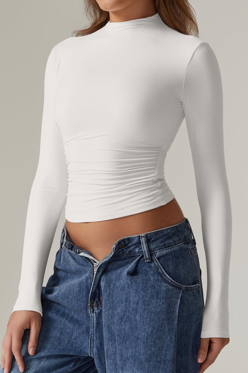 QINSEN Womens 2024 Soft Stretch Tee Shirts Long Sleeve Mock Neck Crop Top for Fall Winter White M - Image 2