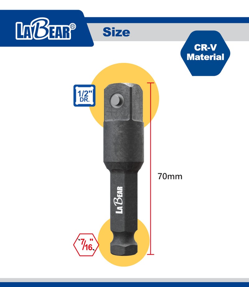 LABEAR- 7/16 hex to 1/2 impact adapter, 7/16 impact driver, 7/16 to 1/2 impact adapter, 1/2" Square Ext, 7/16" Hex, 1/2-Inch male square, works with a 7/16-Inch impact driver - Image 2